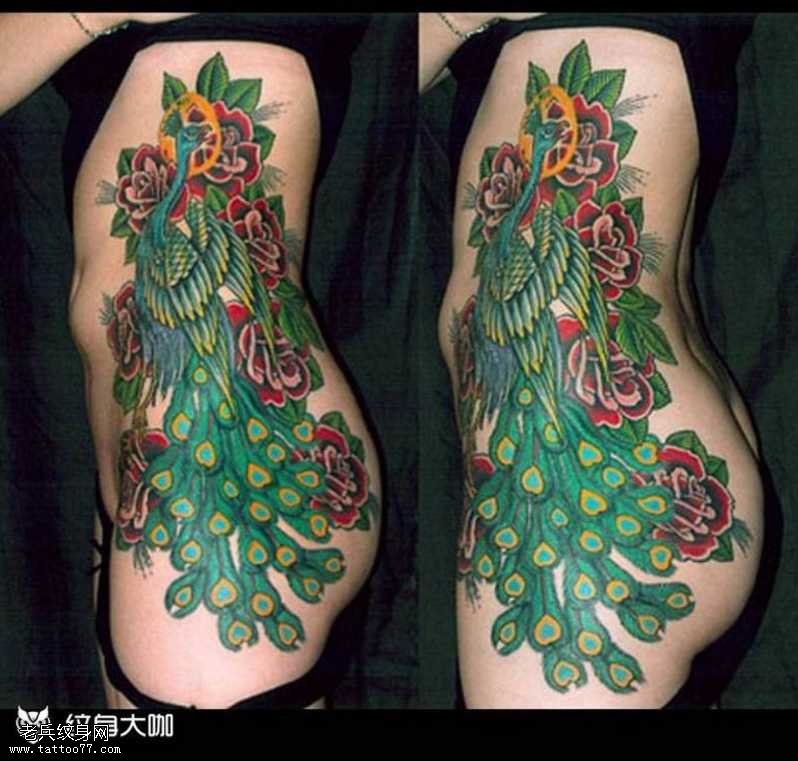 腰部孔雀纹身图案