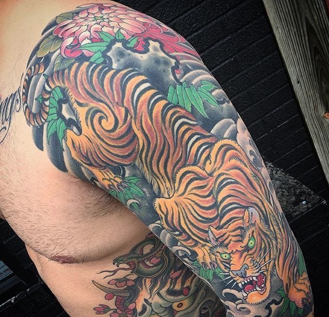 漂亮霸气的男性花臂老虎纹身图案