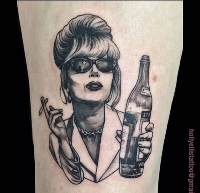 小腿和背部古怪的虚构人物肖像纹身图案来自冬青埃利斯