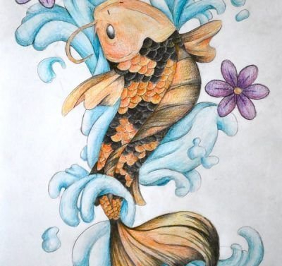 多款漂亮的彩色锦鲤鱼纹身图片手稿