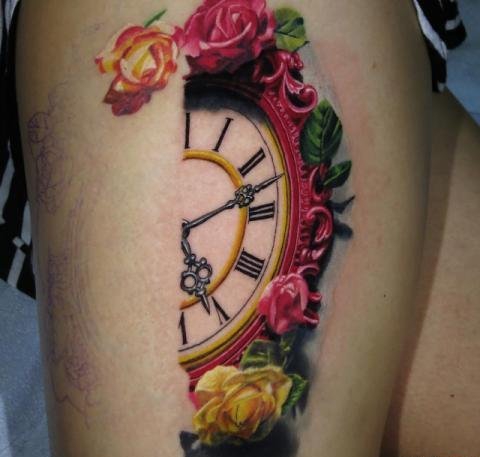手臂和腿部上的各种时钟纹身图案