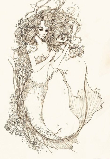 美丽的美人鱼纹身图案手稿