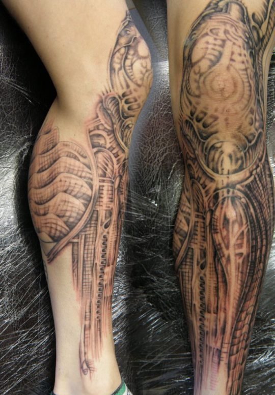 帅气的机械生物花小腿纹身图案