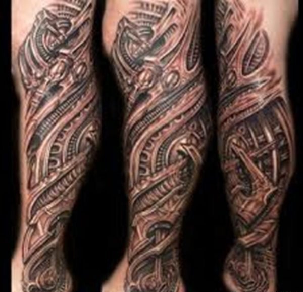 帅气的机械生物花小腿纹身图案