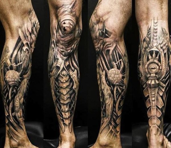 帅气的机械生物花小腿纹身图案