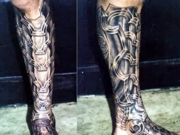 帅气的机械生物花小腿纹身图案