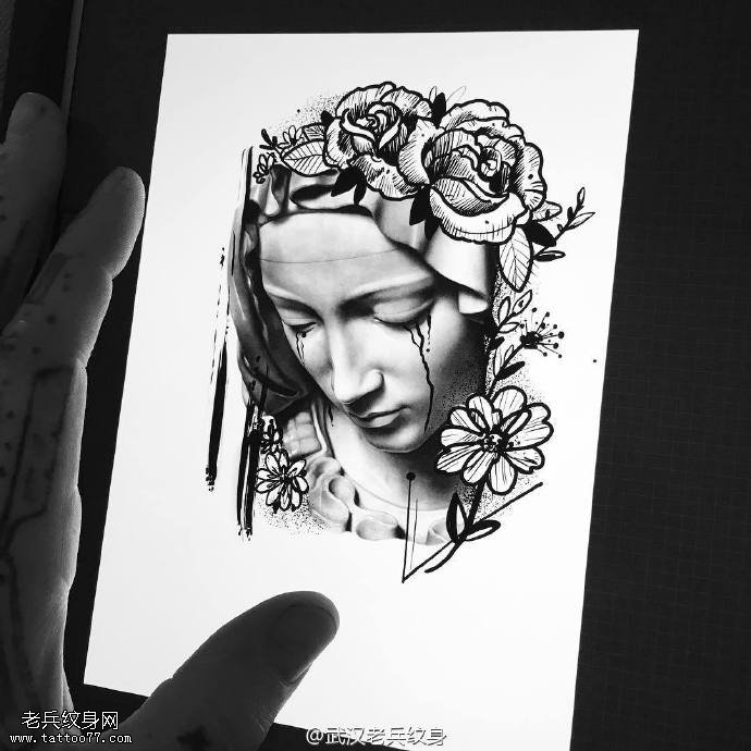 推荐一款欧美圣母玫瑰花纹身手稿素材