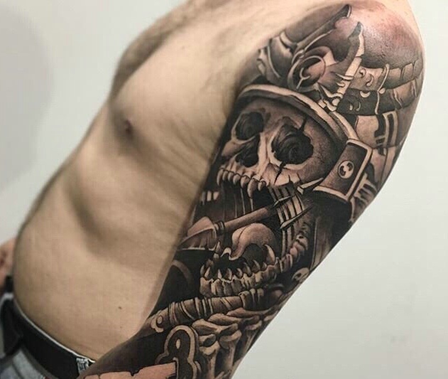 一款个性花臂黑灰骷髅纹身图案