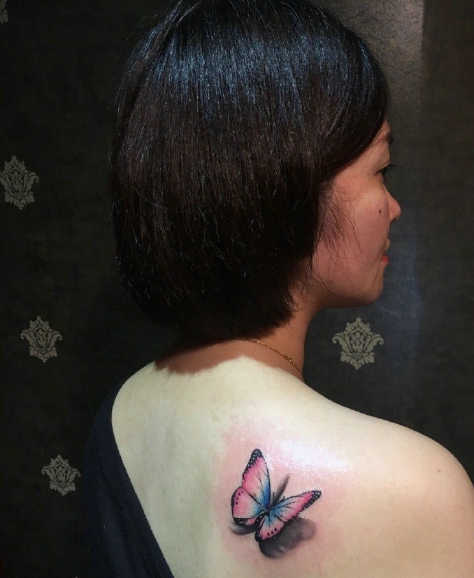 停留在女生后背3d彩色蝴蝶纹身图案