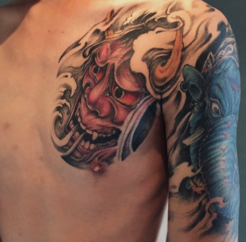 象神与般若结合的半甲纹身图案