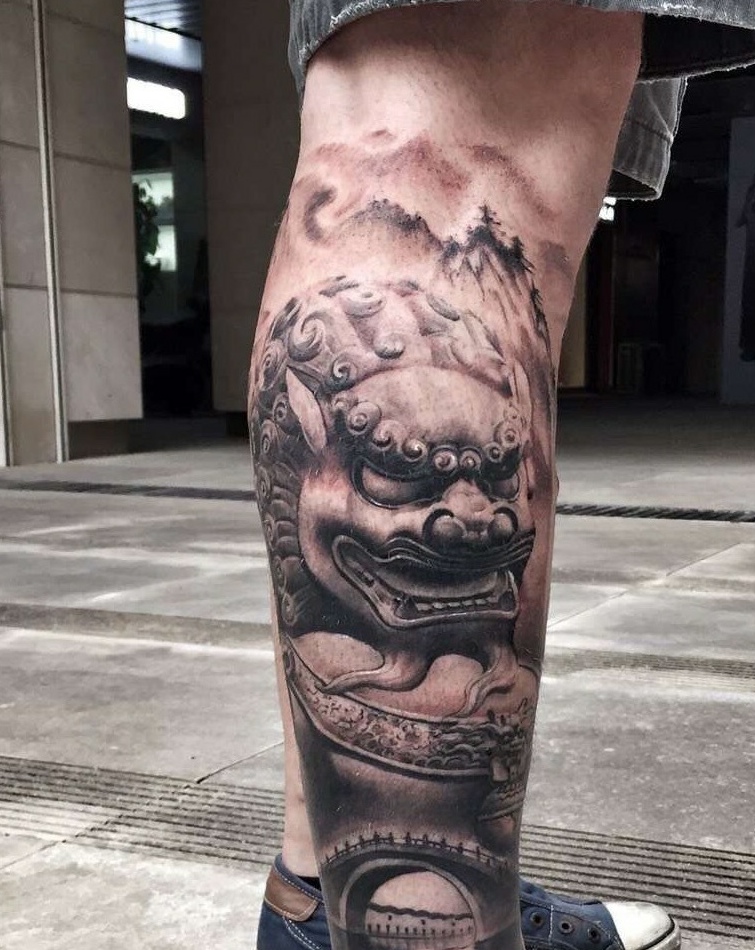 包小腿传统狮子纹身图案霸气威武