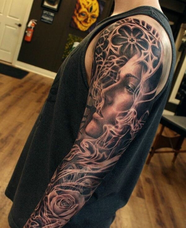 欧美风格花臂美女肖像纹身图案