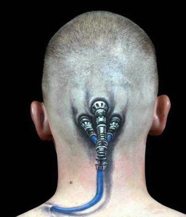 个性男士脑后一款3d图案纹身刺青