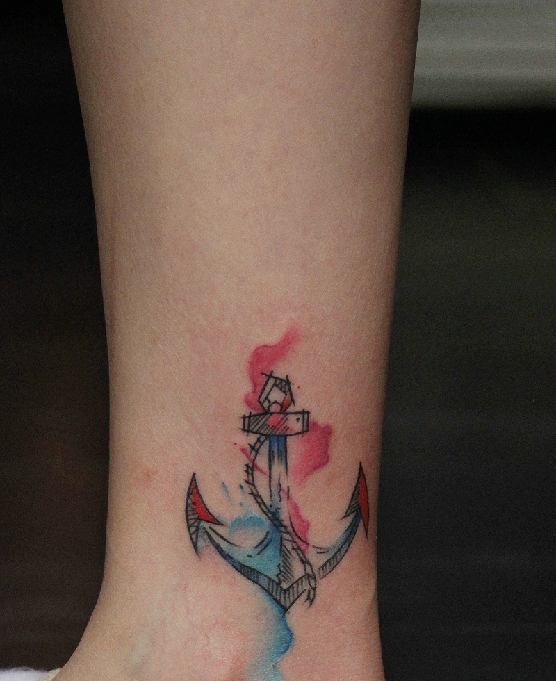 小腿部一款个性彩色图腾纹身图案