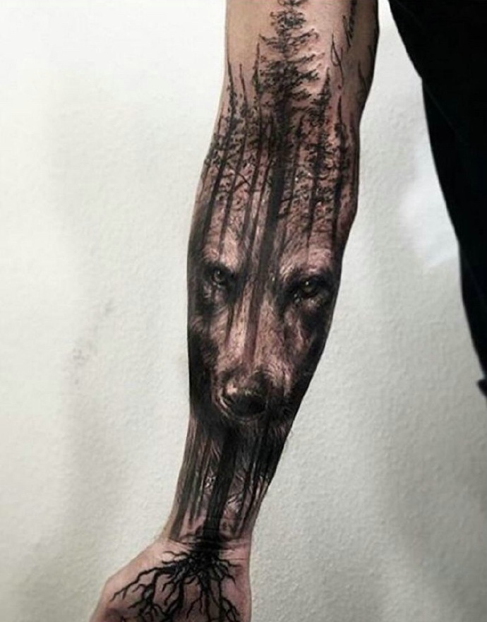 花臂一只小熊3d图腾纹身图案