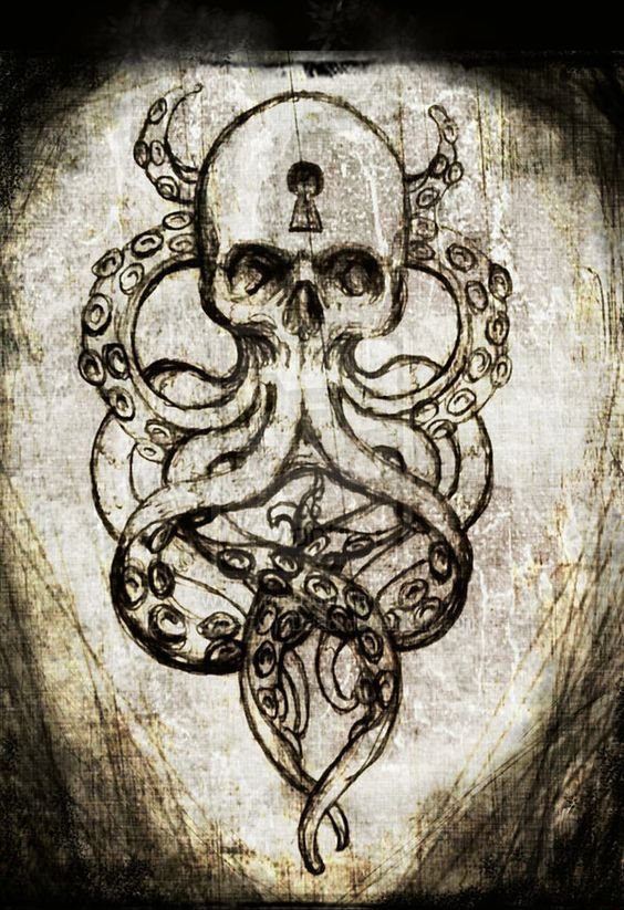大章鱼骷髅头纹身图案手稿素材