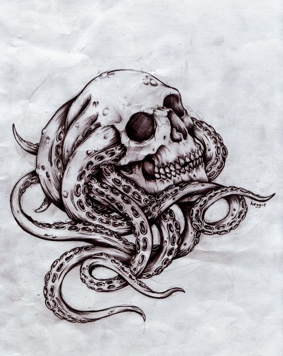 大章鱼骷髅头纹身图案手稿素材