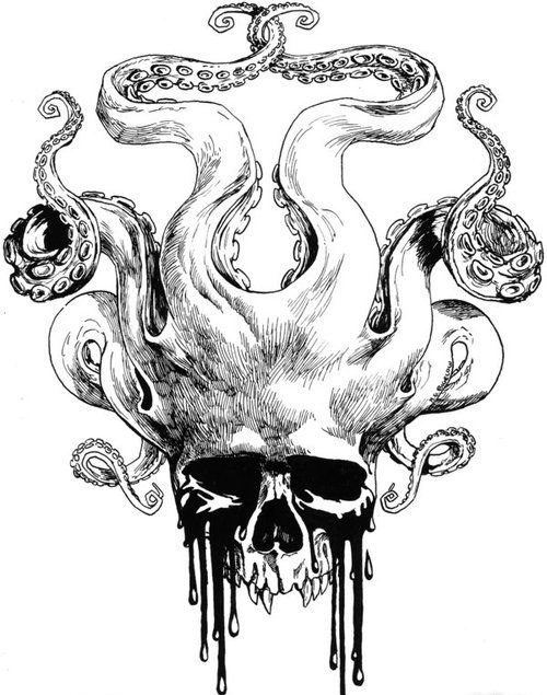 大章鱼骷髅头纹身图案手稿素材