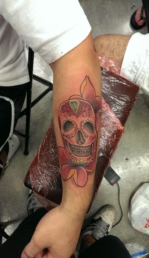 手前臂装饰花卉骷髅纹身图片