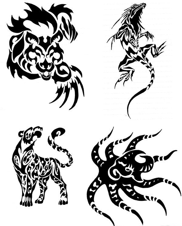 多款帅气的黑色动物图腾纹身图案手稿