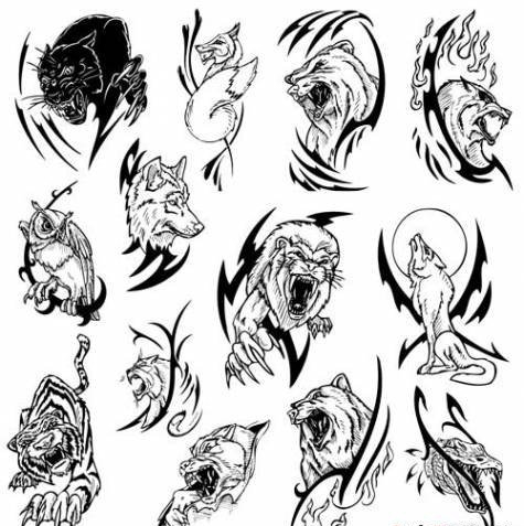 多款帅气的黑色动物图腾纹身图案手稿