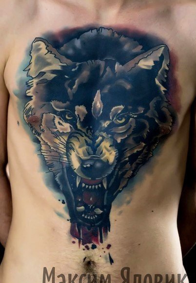 男性霸气的满胸狼纹身图案