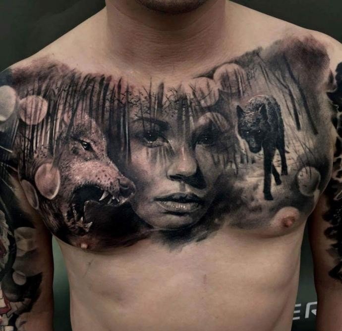 男性霸气的满胸狼纹身图案