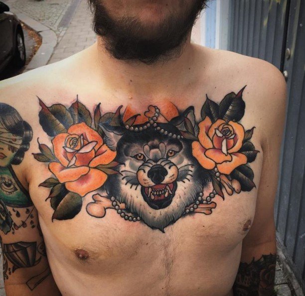 男性霸气的满胸狼纹身图案