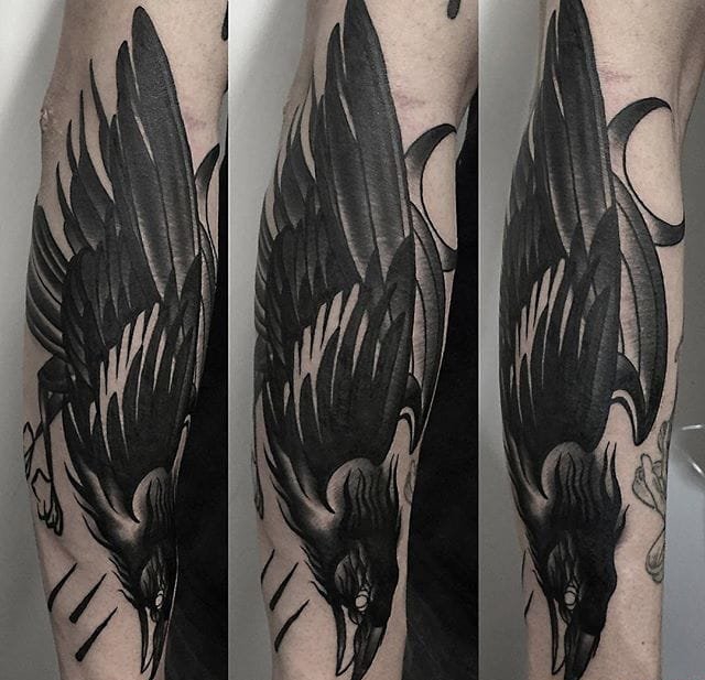 多款纯黑色风格点刺乌鸦纹身图案