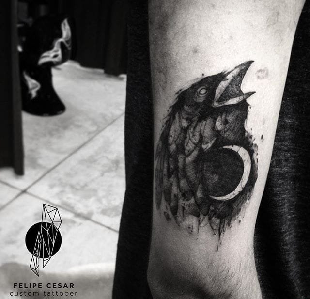 多款纯黑色风格点刺乌鸦纹身图案