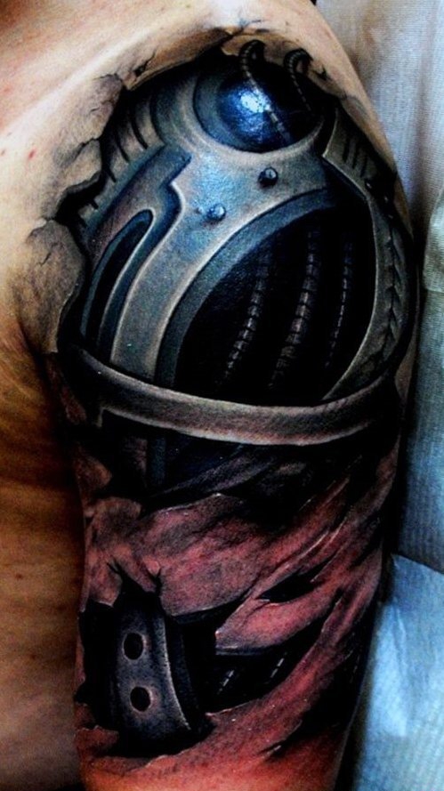 刚强有力的男性生物机械齿轮花臂纹身图案