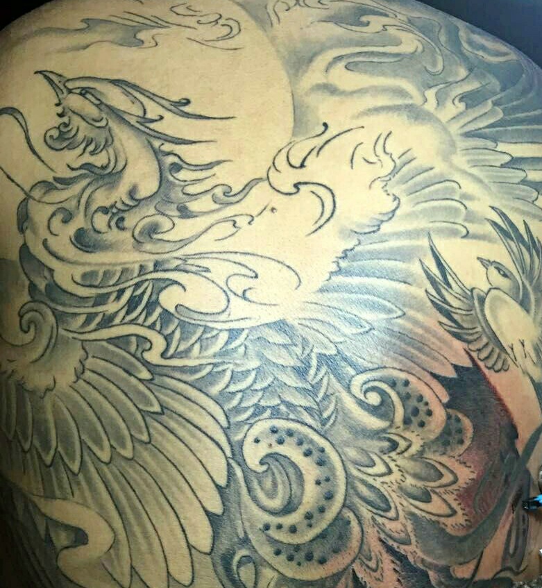 个性男孩满背黑灰大凤凰纹身图案
