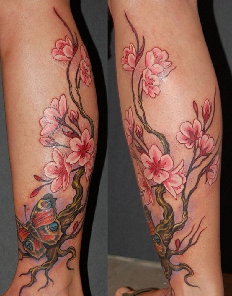女性喜爱的美丽的樱花纹身图案