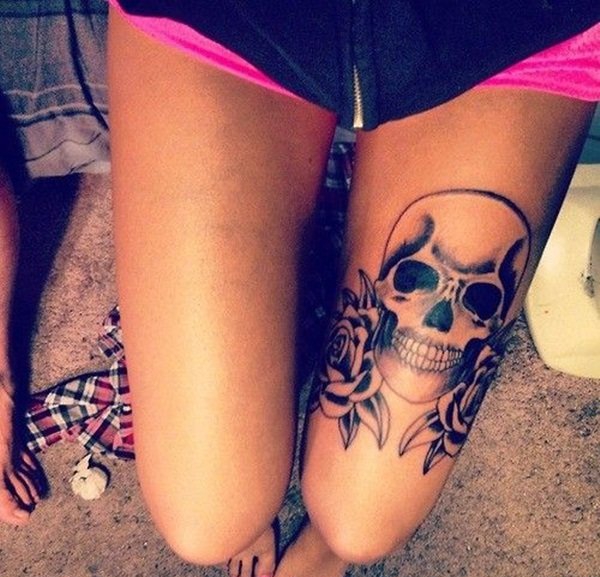 女性大腿上超性感的骷髅头纹身图案