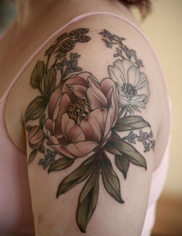 漂亮的牡丹花朵纹身图案