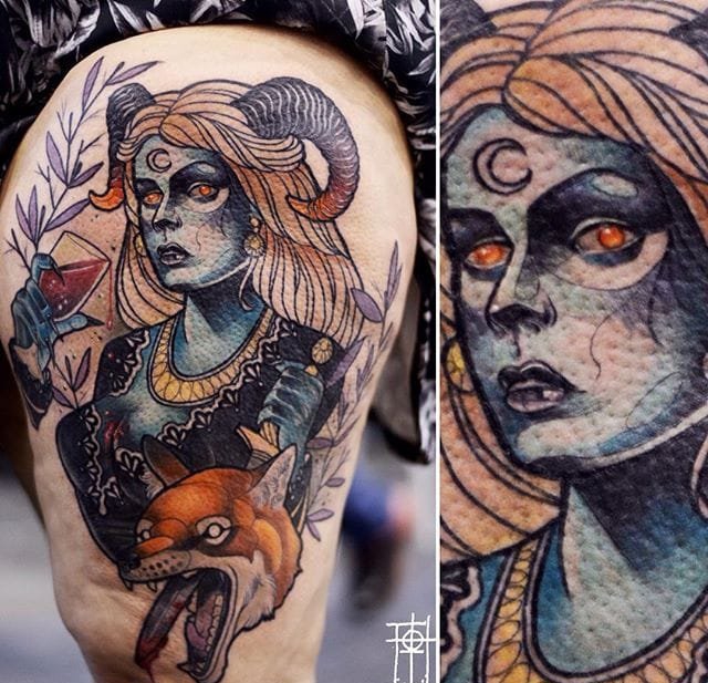 强烈的新传统女士纹身图案来自于纹身师洛博内托