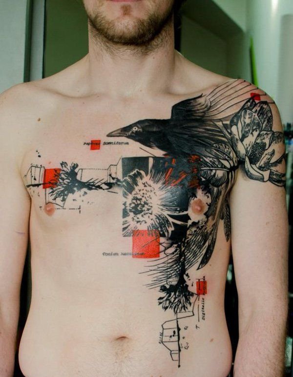 胸前漂亮的水彩风格纹身图案