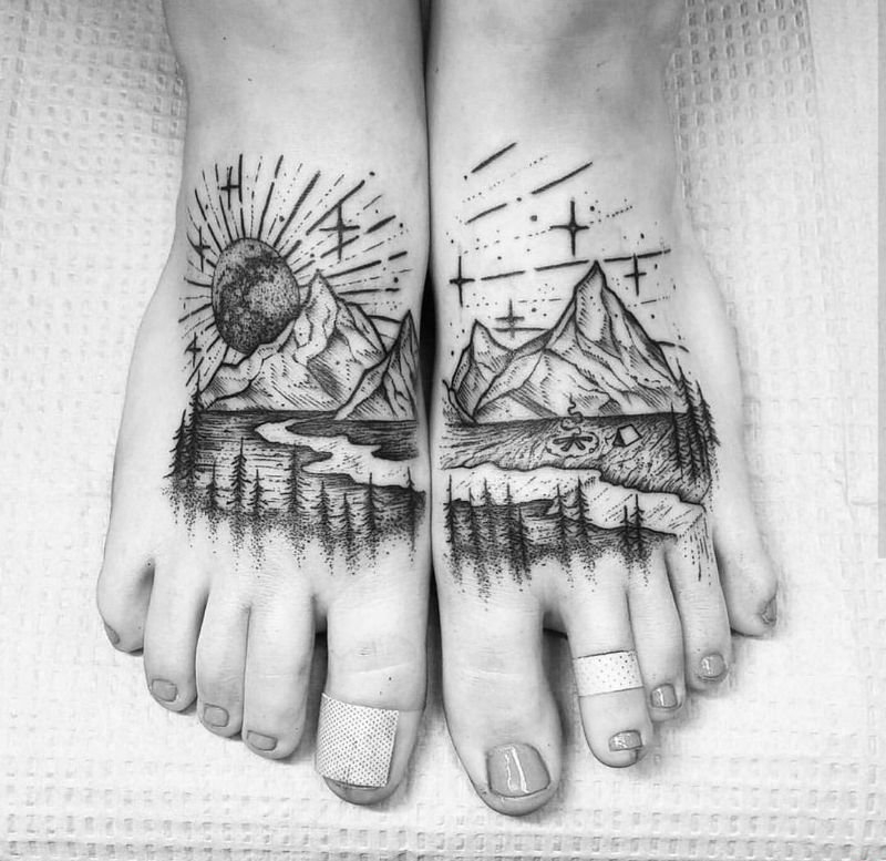 精致的黑色微型景观纹身图案来自托马斯