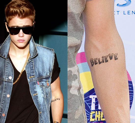 明星贾斯汀比伯手臂内侧BELIEVE英文字母纹身图案