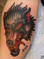 小腿old school狼头欧美纹身图案