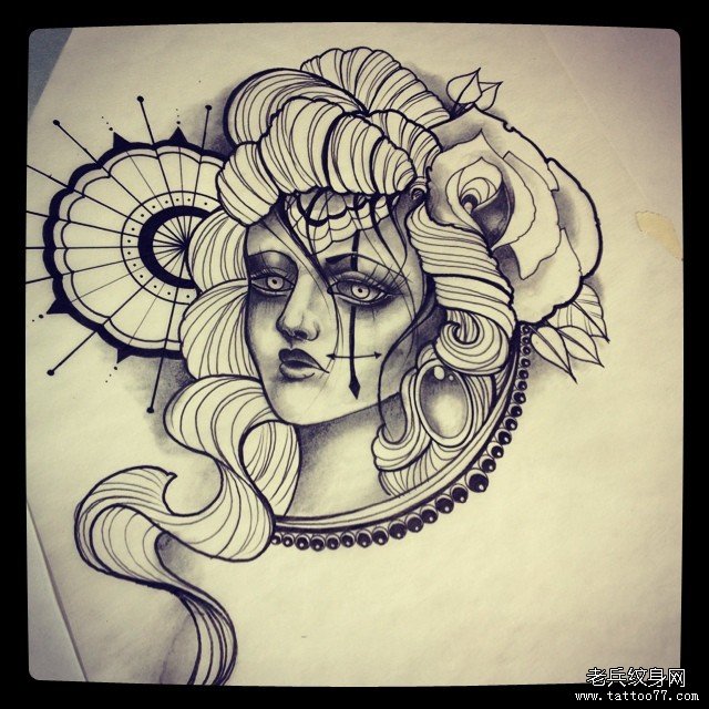 欧美school女郎玫瑰纹身图案手稿