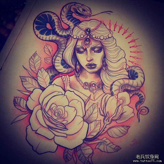 欧美school蛇女郎玫瑰纹身图案手稿