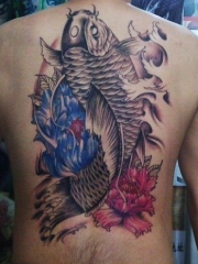 男性背部个性满背鲤鱼纹身