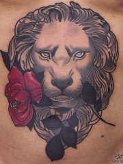 腹部欧美狮子玫瑰school纹身图案