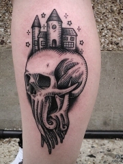 小腿欧美黑灰骷髅城堡纹身图案