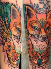 小腿欧美new school华丽的狐狸纹身图案