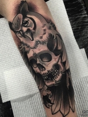 小腿欧美school猫头鹰骷髅纹身图案
