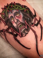 小腿old school欧美蜘蛛耶稣纹身图案