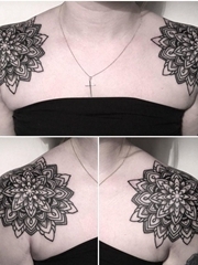 女性肩膀上黑色几何纹身曼陀罗图案纹身