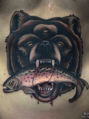 欧美腹部school熊头和鱼纹身图案